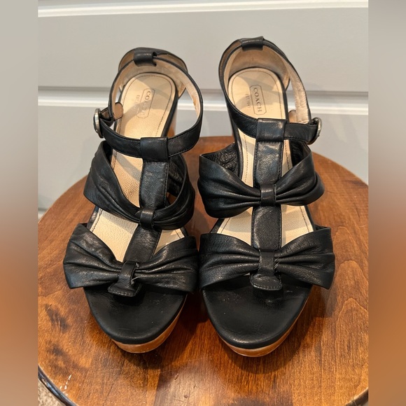 Coach Strappy Platform Sandal Black Leather Wood Wedge Clog Heel Size 10 READ - Picture 2 of 11